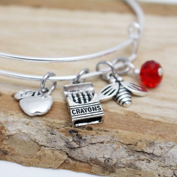 Apple, Box of Crayons & Bee - Teachers Gift Bangle - Handcrafted Hypoall… - Picture 1 of 4